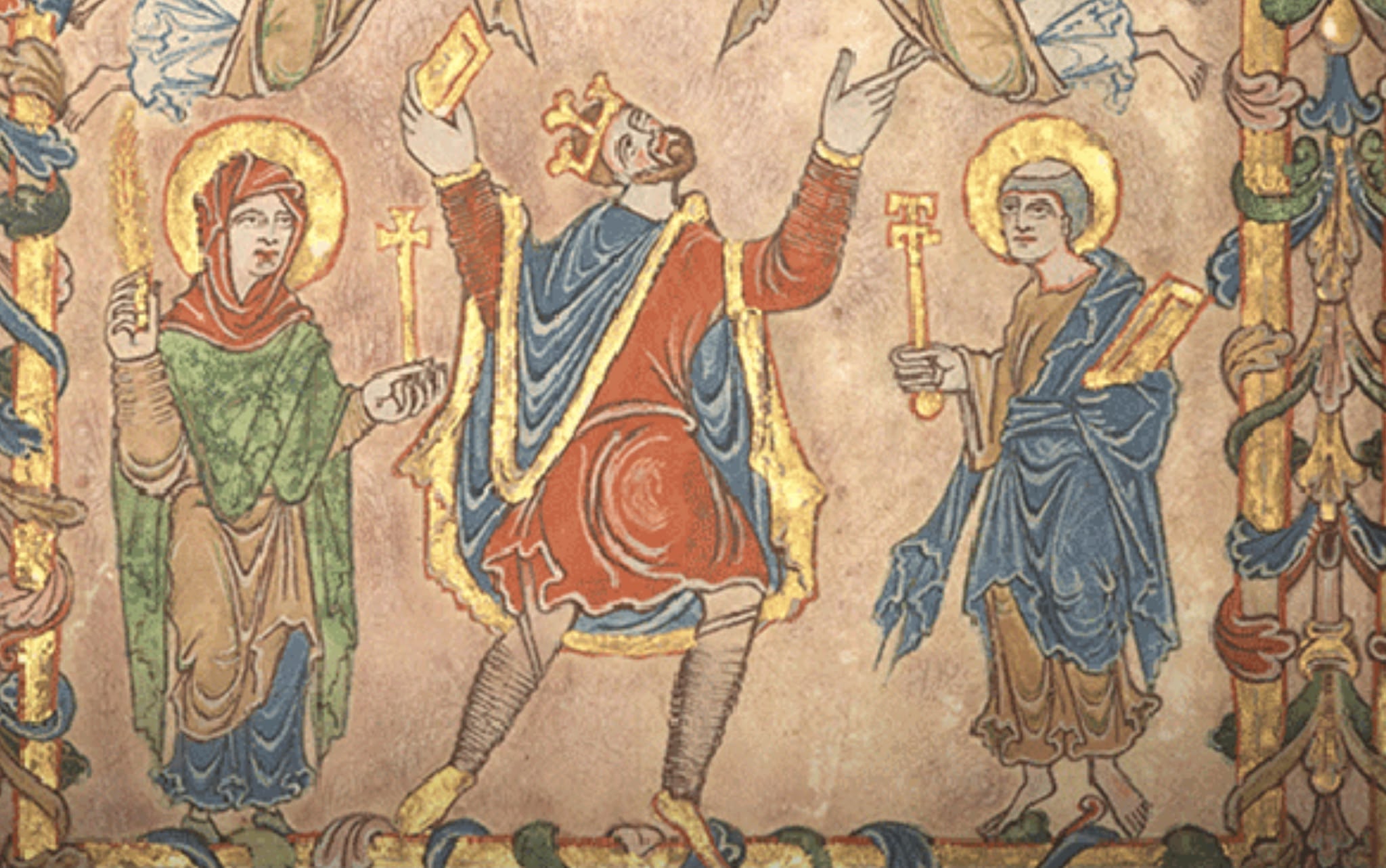 Saxon illuminated manuscript showing three figures with halos in colorful medieval robes